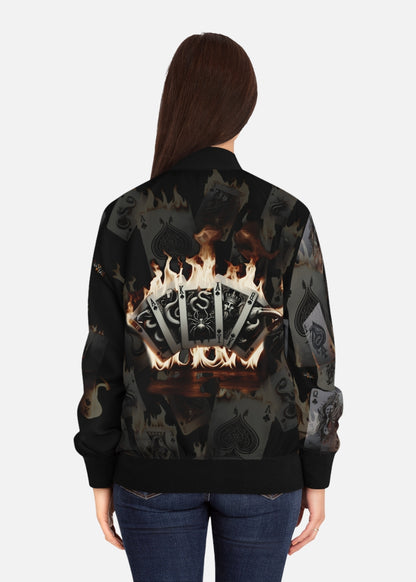 Back view of female model in Burning Cards bomber jacket – lightweight graphic jacket with flame and card details