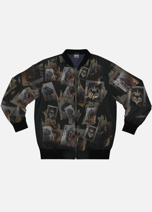 Front view of Burning Cards bomber jacket – unisex streetwear jacket with bold graphic print and zipper