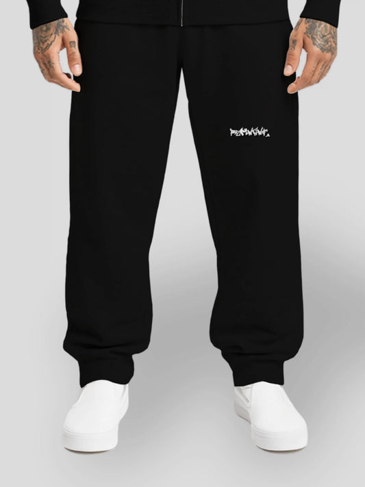 ECLIPSE_R0 black oversized streetwear sweatpants with graffiti logo print – heavyweight 380 GSM cotton joggers for men and women, mindset-driven streetwear with urban baggy fit
