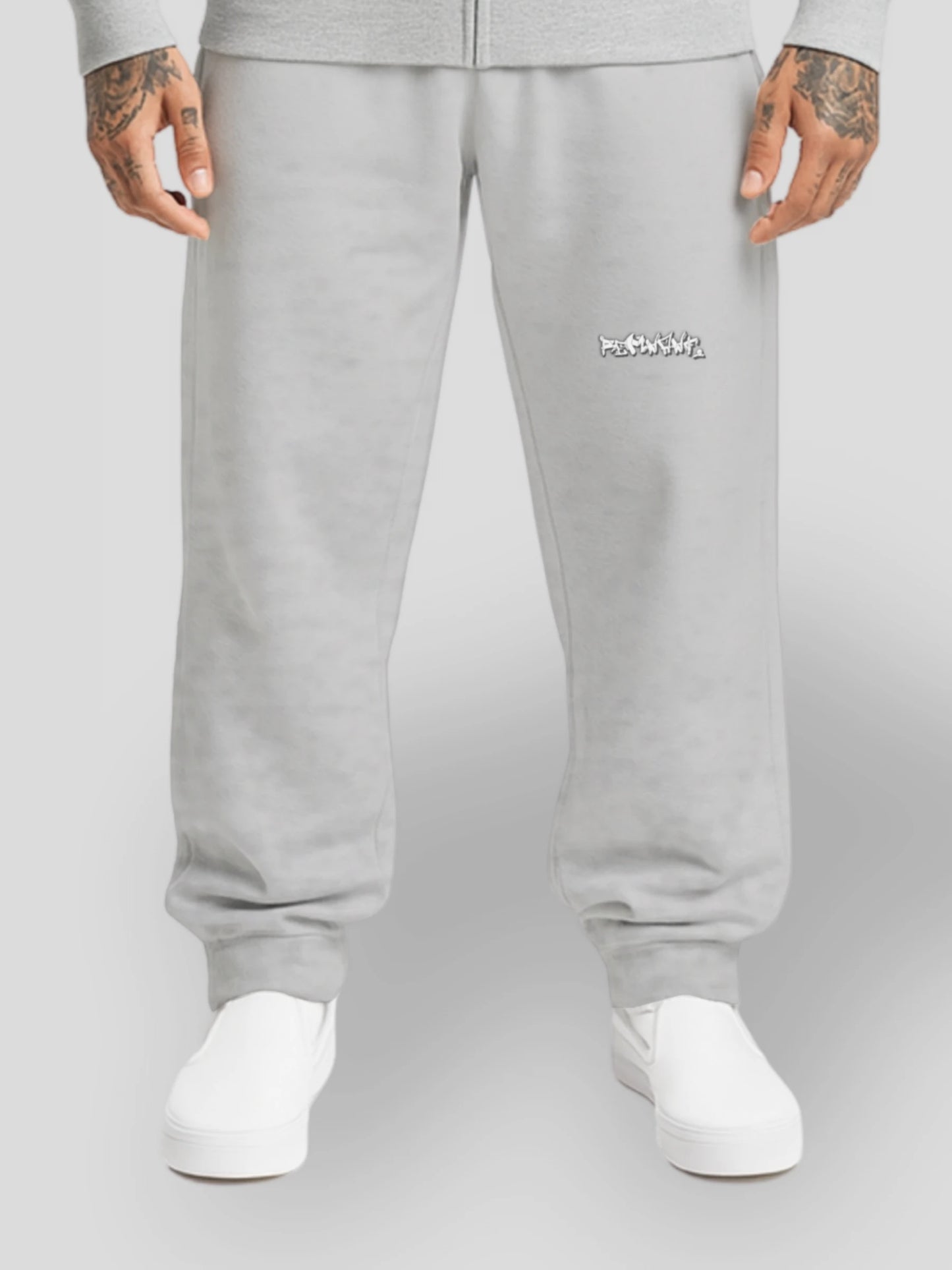 ECLIPSE_R0 light grey oversized streetwear sweatpants with graffiti logo – unisex heavyweight 380 GSM jogger pants made from premium cotton, urban mindset-driven design for men and women
