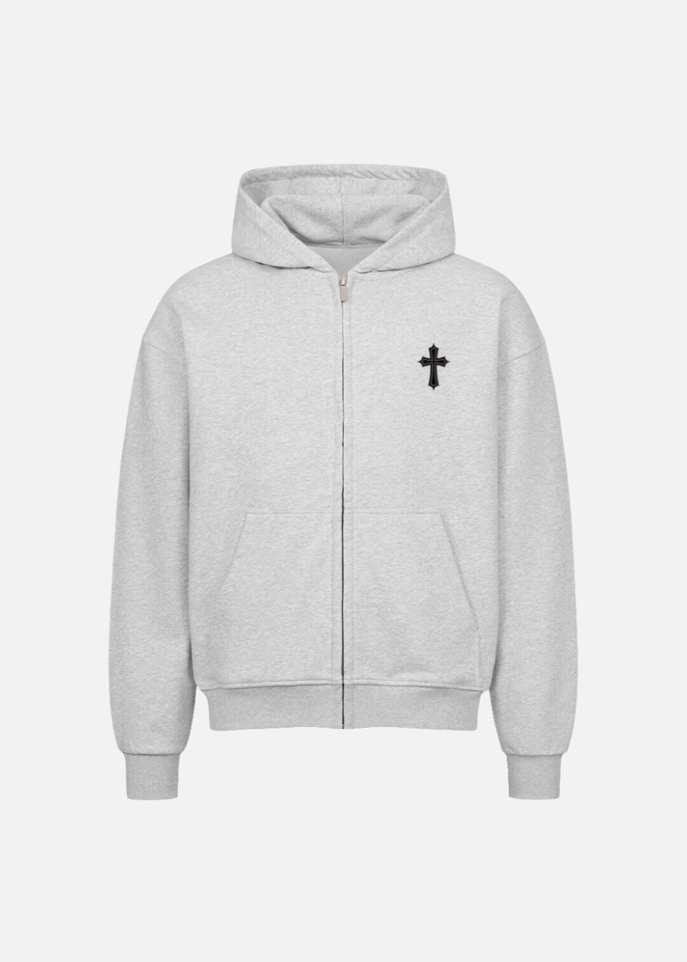 Grey oversized hoodie for men – front view of MAXOMclo Elysium zip-up hoodie. A comfortable and stylish hoodie set essential for relaxed fit urban streetwear.

