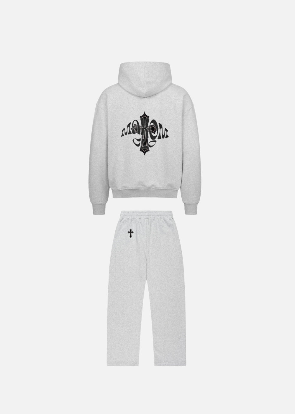 Back view of minimalist grey streetwear for men – MAXOMclo Elysium tracksuit featuring oversized hoodie and baggy sweatpants. A high-quality men’s hoodie and sweatpants set for a clean, urban look.

