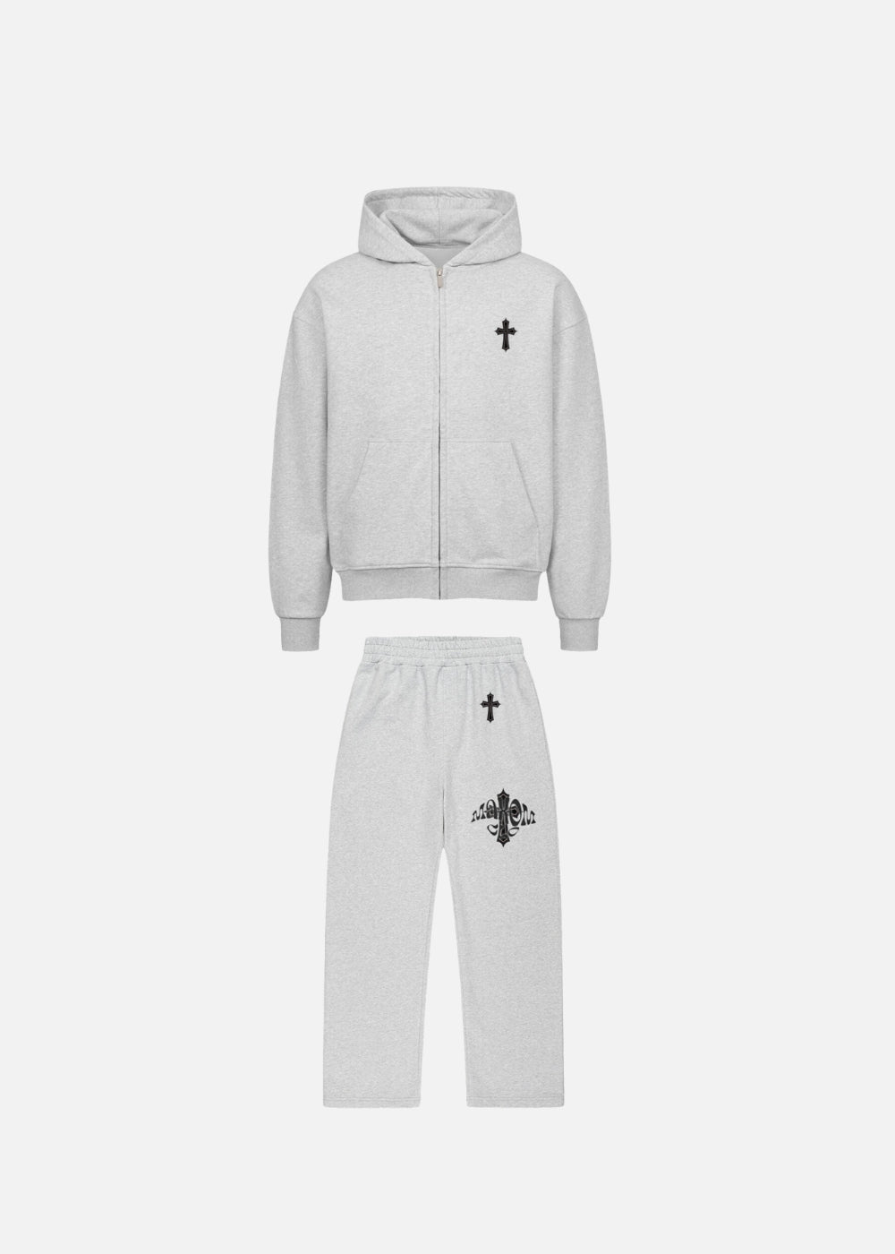 Urban fashion streetwear set – front view of MAXOMclo Elysium grey oversized hoodie and baggy sweatpants combo. A relaxed fit streetwear outfit in grey for men and women who value comfort and style.