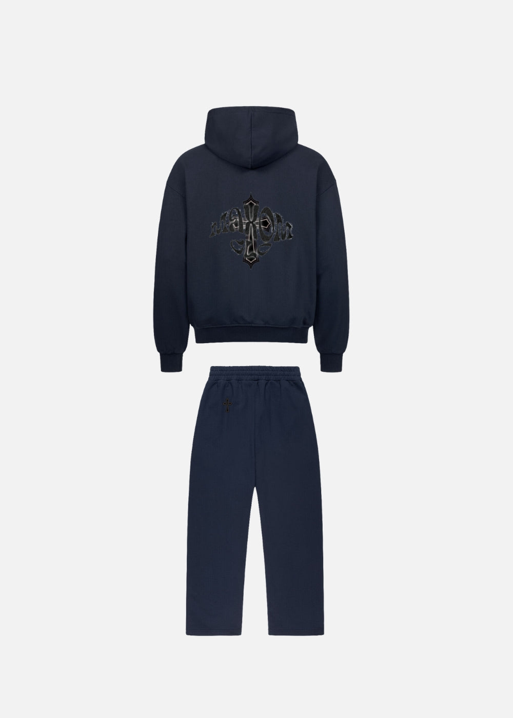 Back view of luxury men’s streetwear tracksuit – MAXOMclo Elysium navy blue hoodie and sweatpants in oversized relaxed fit. Perfect for modern streetwear fans and loungewear lovers.

