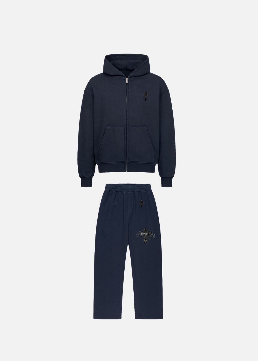 Premium oversized streetwear set for men – front view of MAXOMclo Elysium navy tracksuit with relaxed fit hoodie and baggy sweatpants. High-quality minimalist streetwear for stylish youth and creatives.