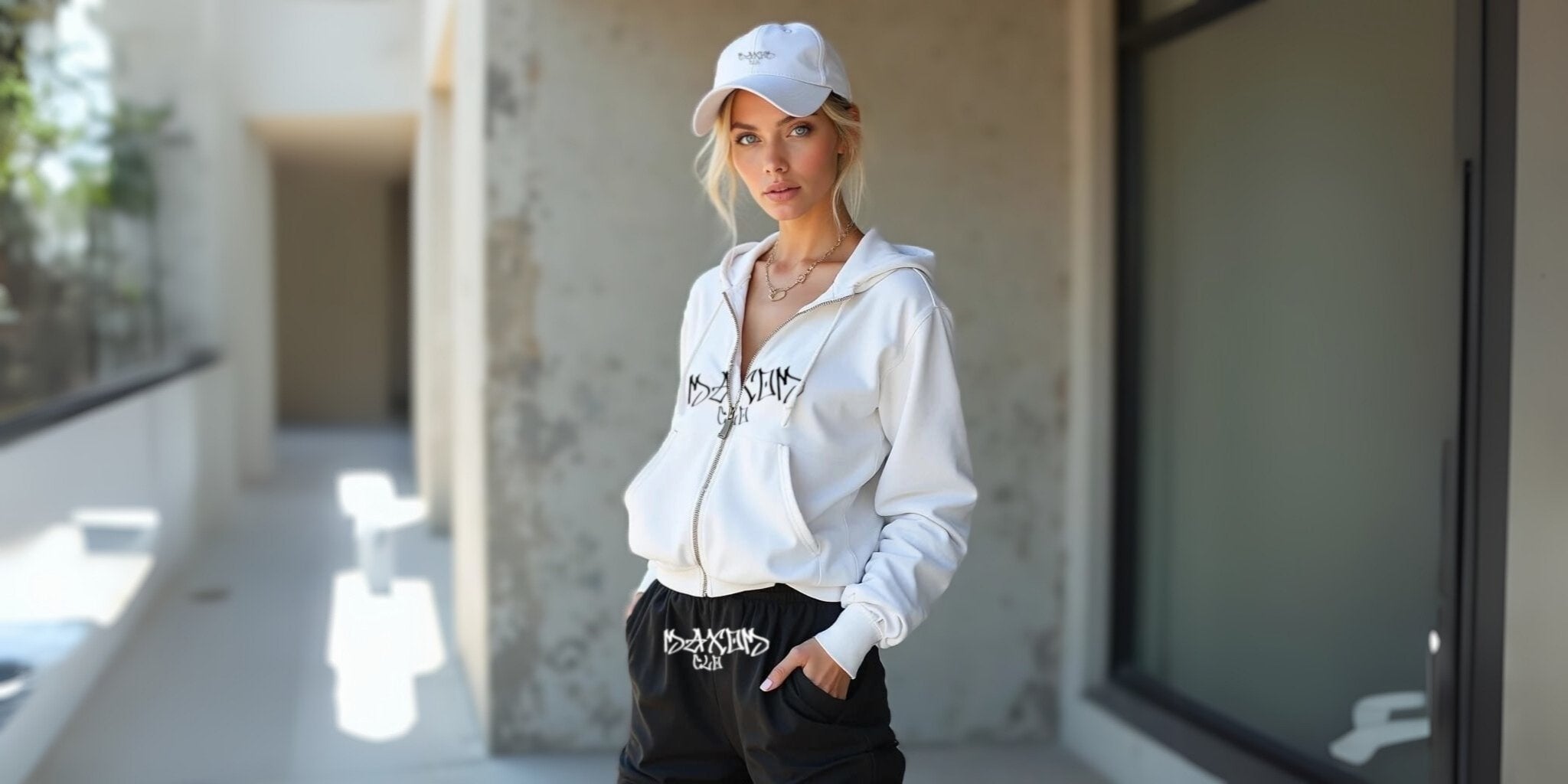 Female model wearing the Skullflow Zip Bundle by MAXOMclo – front view of cozy unisex streetwear look styled for Gen Z in real-life setting


