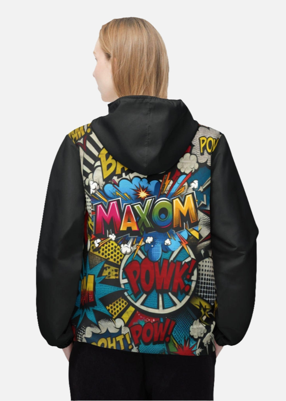 Back view of female model wearing lightweight graffiti windbreaker – festival-ready outerwear with bold graphics