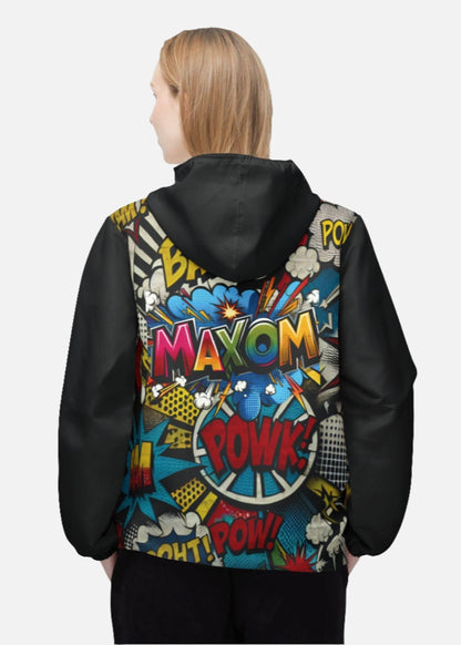 Back view of female model wearing lightweight graffiti windbreaker – festival-ready outerwear with bold graphics