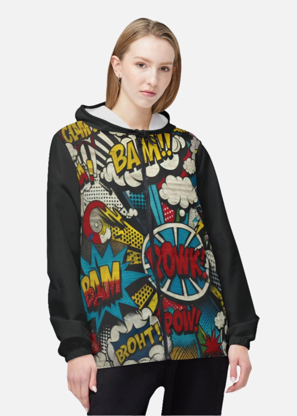 Female model in graffiti windbreaker – urban fashion jacket with elastic cuffs and eye-catching streetwear design