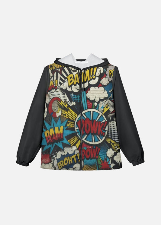 Front view of unisex graffiti windbreaker – bold urban streetwear jacket with lightweight water-resistant material