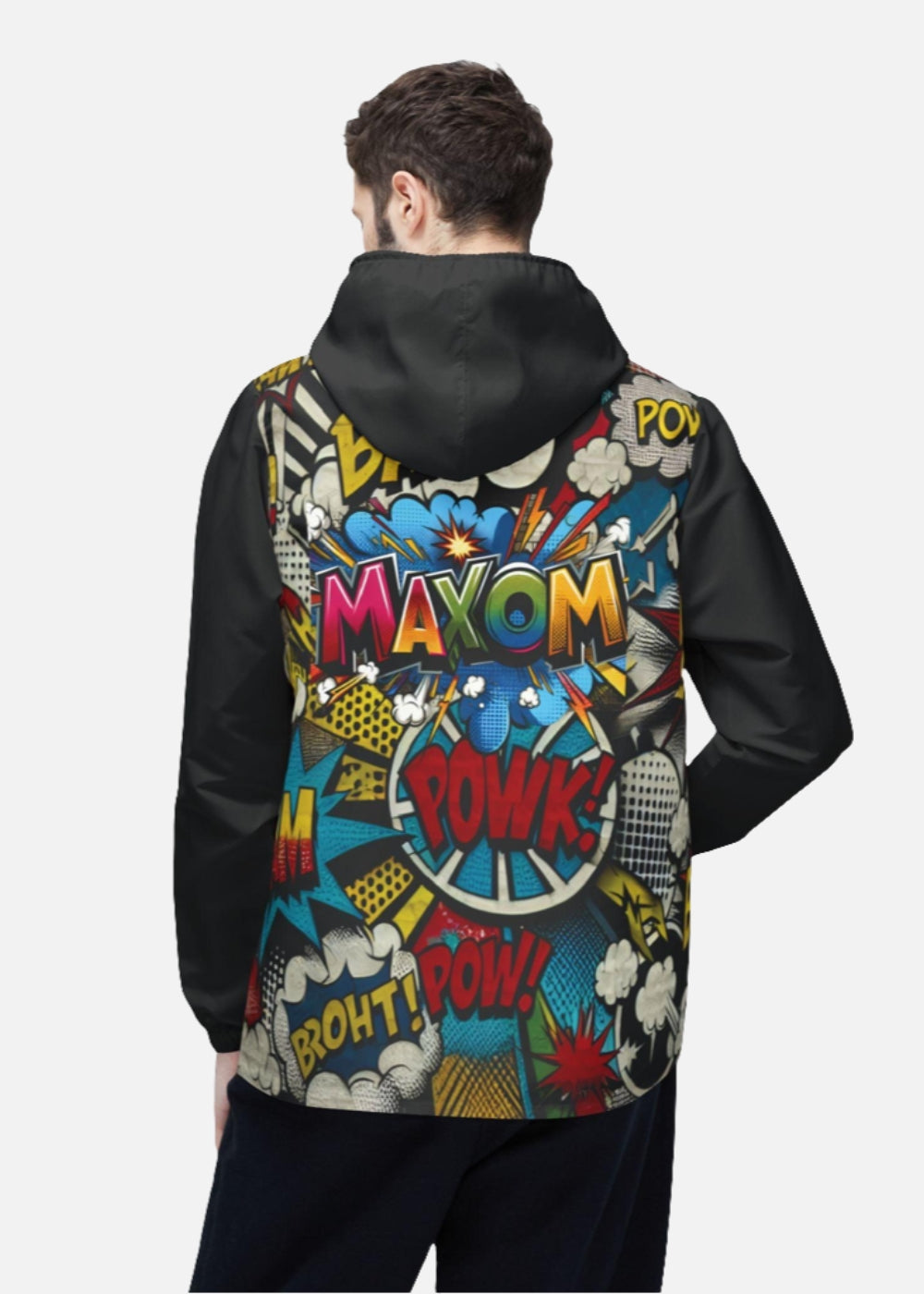 Back view of male model wearing graffiti print windbreaker – 90s-inspired lightweight streetwear jacket