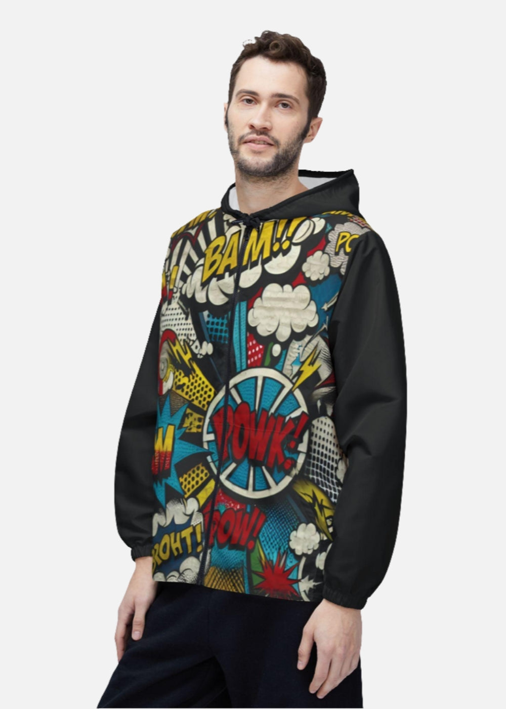Male model in unisex graffiti windbreaker – breathable quick-dry jacket for concerts and casual urban looks
