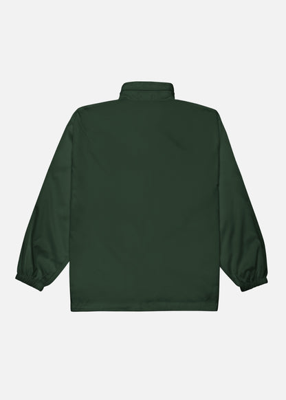 Back view of green vegan windbreaker jacket – minimalist eco jacket with elastic hem