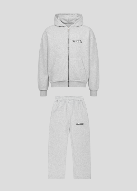 Grey REMNANT streetwear set with front graffiti logo – hoodie and sweatpants in flatlay front view