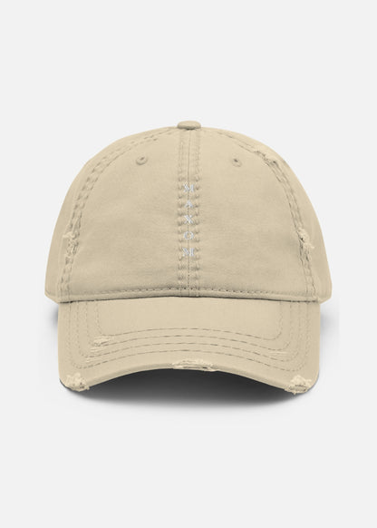 Khaki distressed baseball cap for men and women – breathable cotton streetwear hat with vintage frayed brim and comfortable unstructured fit.

