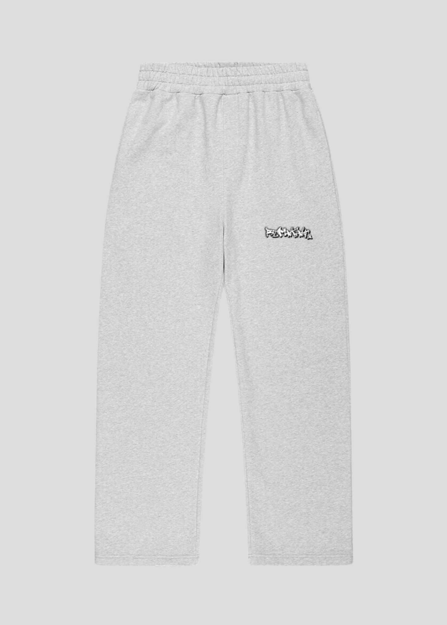 Light grey streetwear jogger pants with graffiti logo