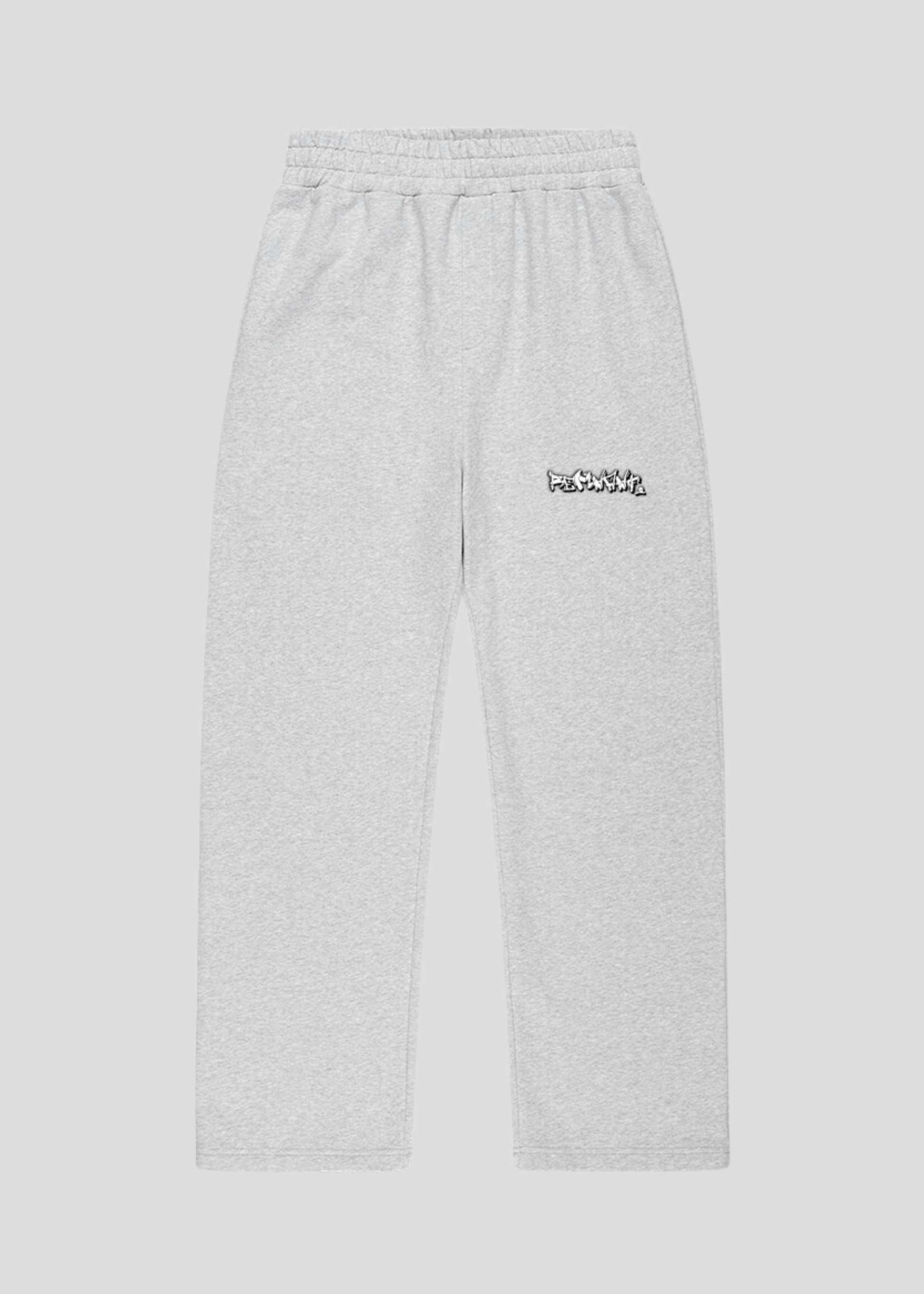 Light grey streetwear jogger pants with graffiti logo