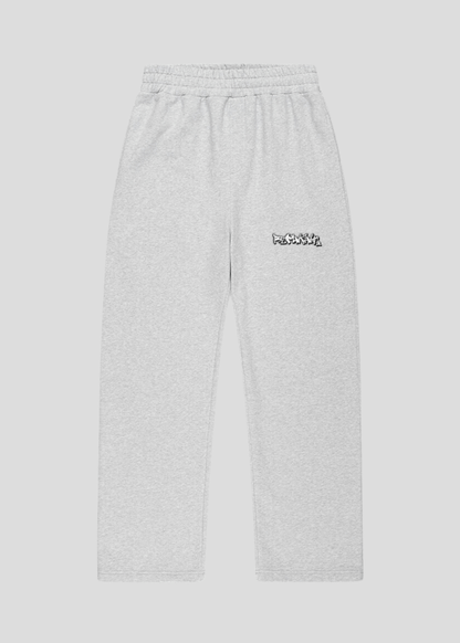 Light grey streetwear jogger pants with graffiti logo