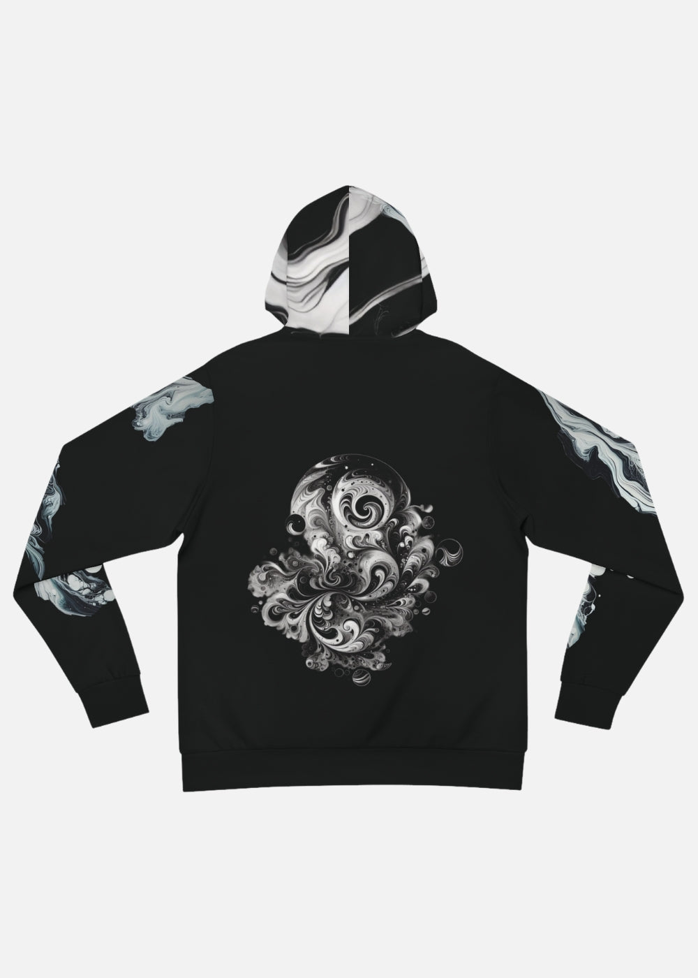 Back view of unisex black hoodie with bold marble print – modern casual streetwear with adjustable hood