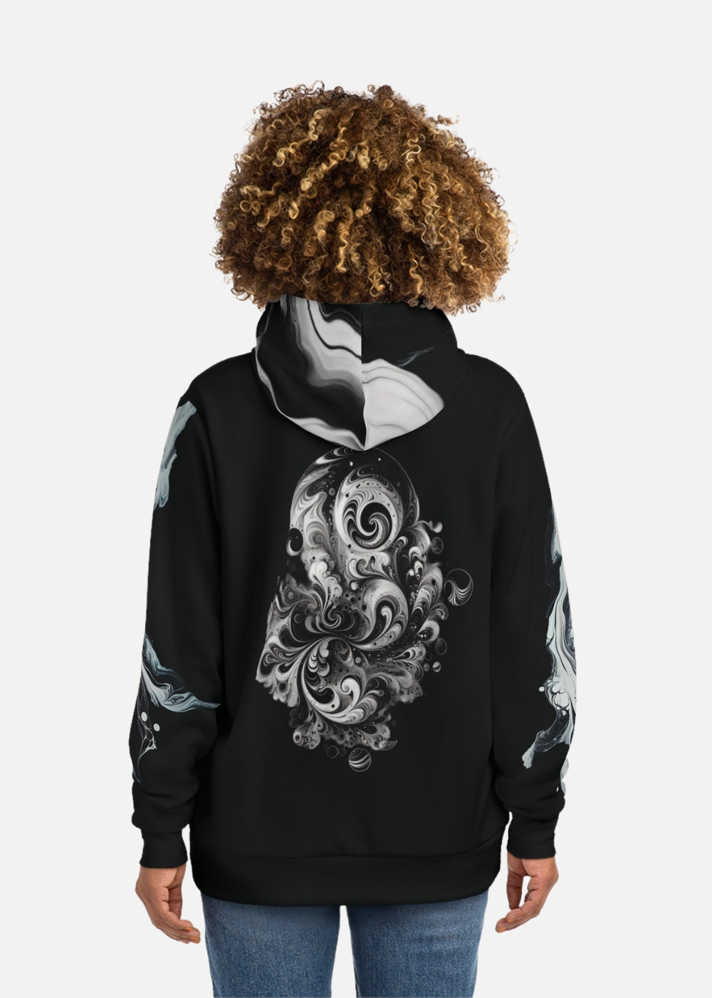 Back view of female model in modern black marble hoodie – comfortable unisex hoodie for all seasons