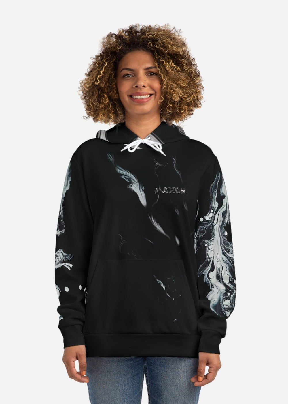 Female model front view in black marble hoodie – soft and stylish graphic hoodie for everyday wear