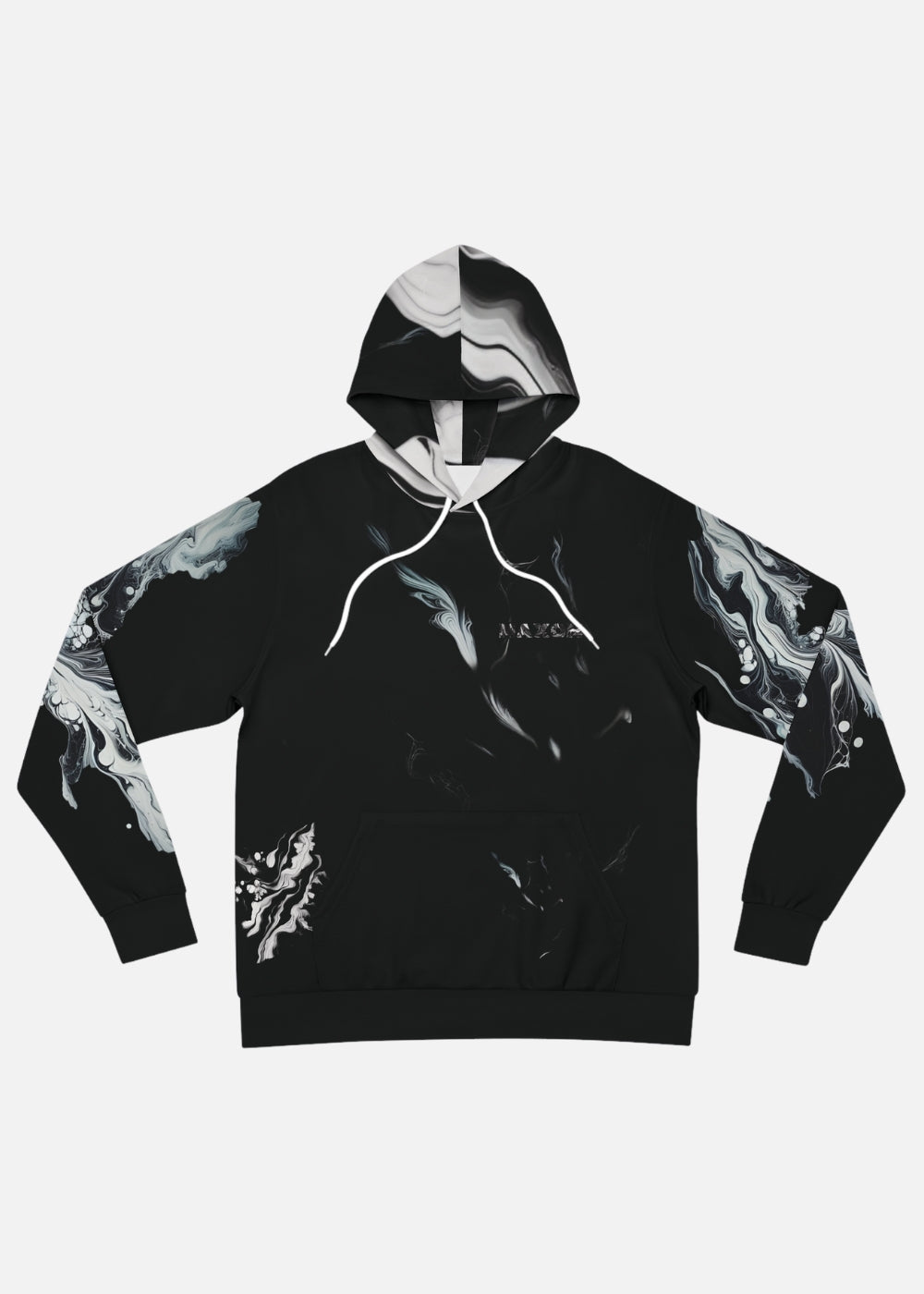Black marble graphic hoodie front view – unisex streetwear hoodie with minimalist marble design by MAXOMclo