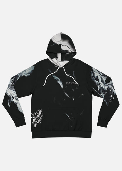Black marble graphic hoodie front view – unisex streetwear hoodie with minimalist marble design by MAXOMclo