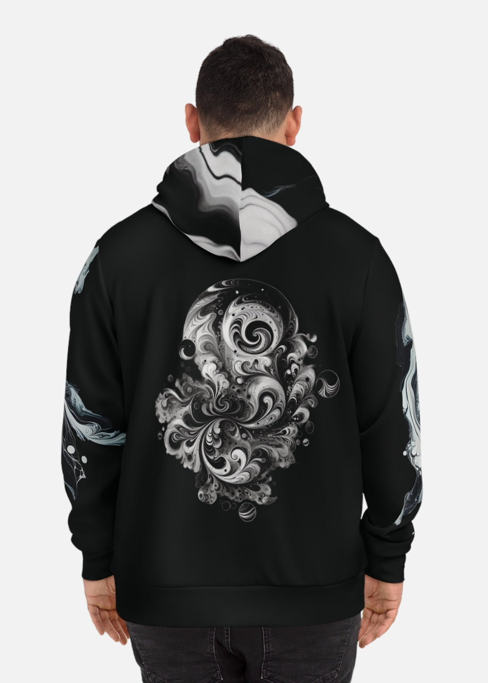 Back view of male model in marble print hoodie – year-round urban hoodie for casual outfits