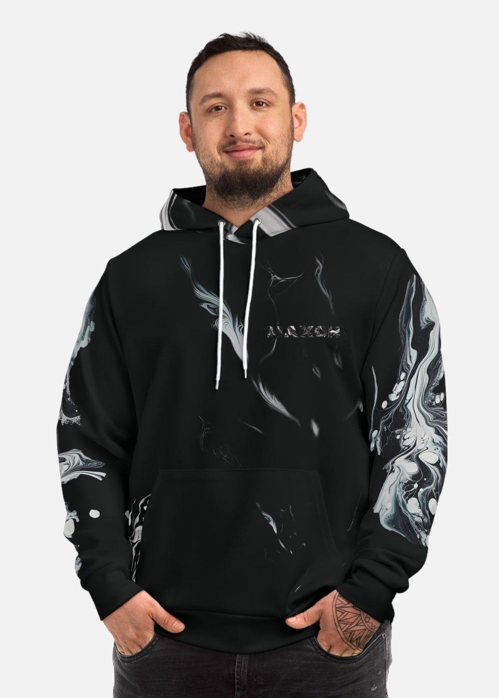 Male model wearing black marble hoodie – trendy unisex streetwear with kangaroo pocket and clean design