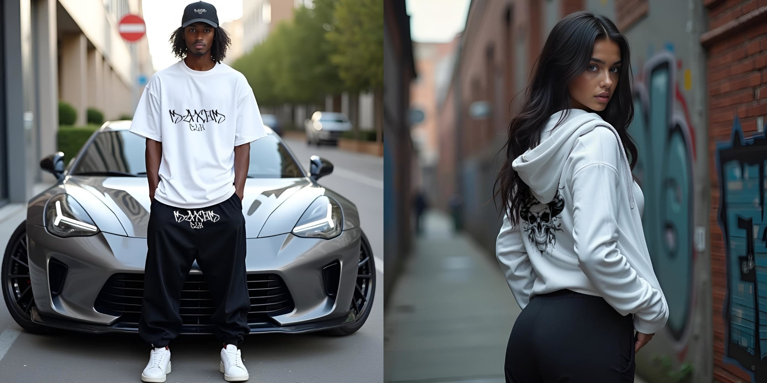 Split image of male model in Skullflow oversized streetwear set standing in front of a stylish car, and female model wearing Skullflow zip hoodie in an urban setting – MAXOM unisex fashion

