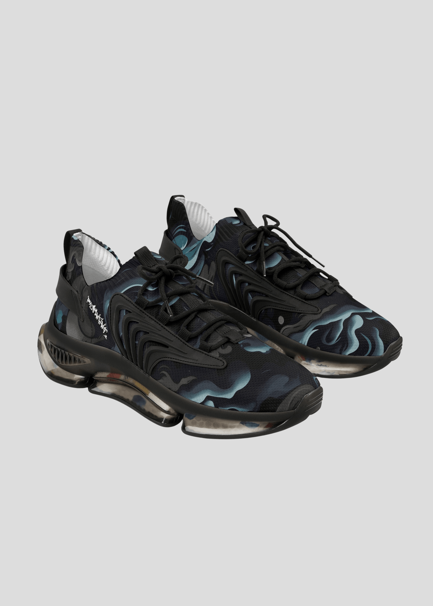 MAXOMclo REMNANT limited edition black smoke pattern sneakers – futuristic multicolor streetwear shoes with abstract design.
