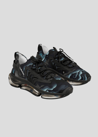 MAXOMclo REMNANT limited edition black smoke pattern sneakers – futuristic multicolor streetwear shoes with abstract design.
