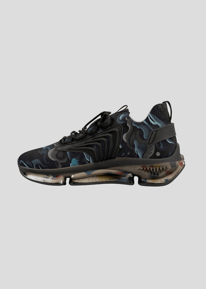 Inner side profile of MAXOMclo REMNANT futuristic abstract black smoke sneakers – breathable and stylish streetwear design.
