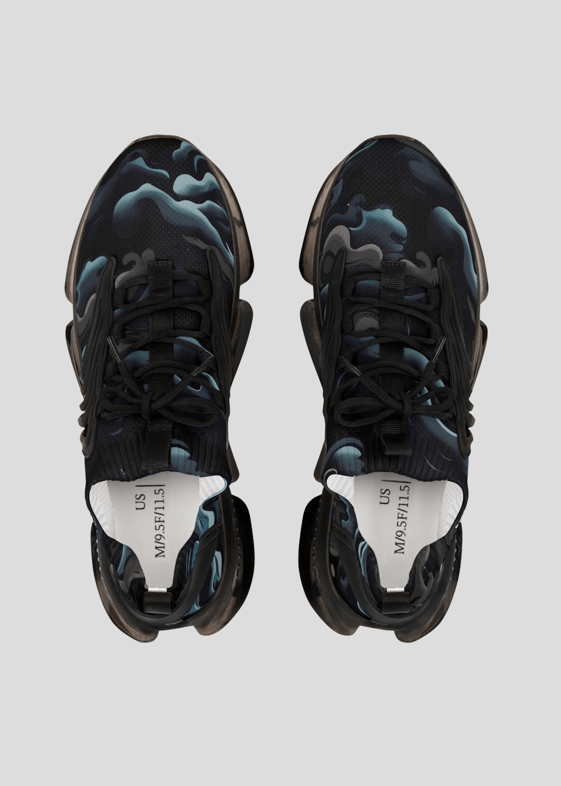 Top view of MAXOMclo REMNANT futuristic black smoke sneakers – breathable mesh design with bold abstract pattern.
