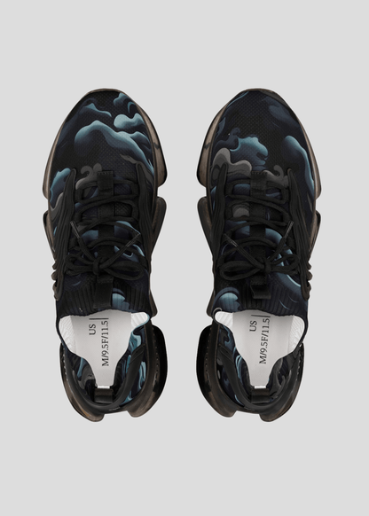 Top view of MAXOMclo REMNANT futuristic black smoke sneakers – breathable mesh design with bold abstract pattern.
