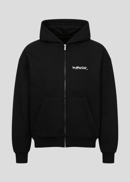 Black heavyweight oversized streetwear hoodie made from 100% Turkish cotton – minimalist front with inspirational graffiti logo.