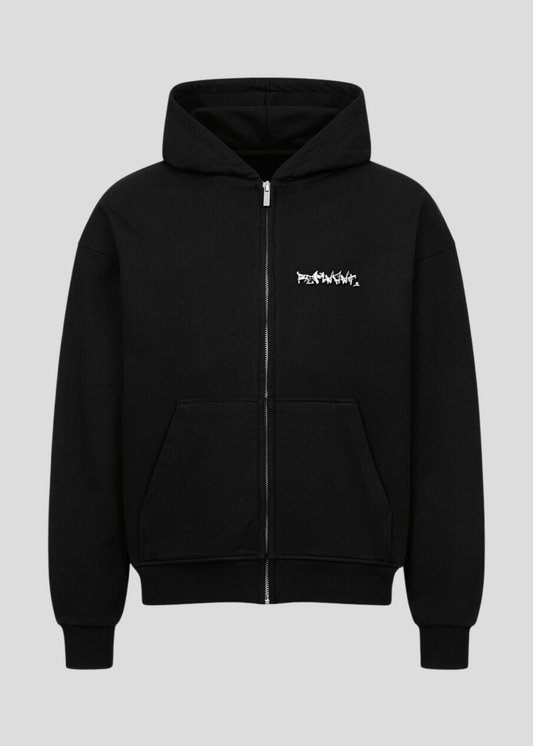 Black heavyweight oversized streetwear hoodie made from 100% Turkish cotton – minimalist front with inspirational graffiti logo.