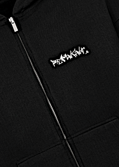 Close-up of REMNANT graffiti logo on premium zip up Turkish cotton hoodie – heavyweight 430 GSM fabric in black.