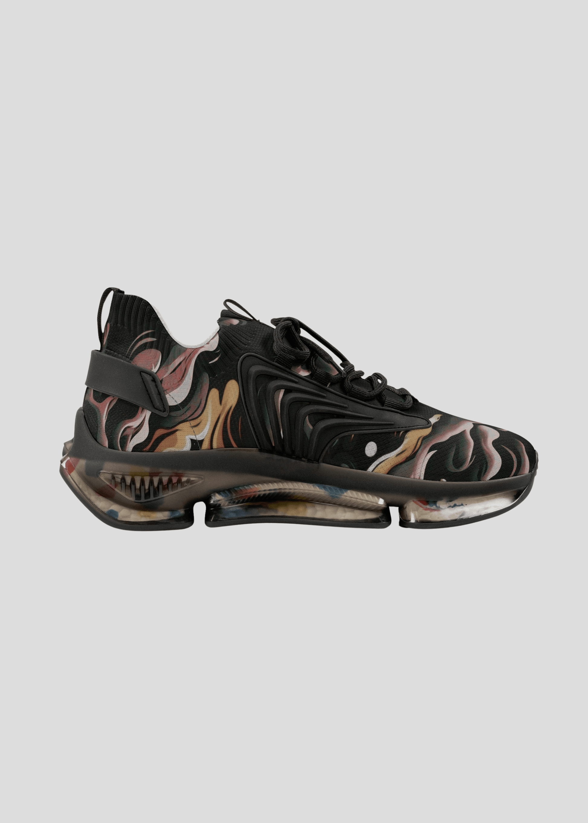 Inner side profile of MAXOMclo REMNANT limited edition dark sneakers – 2025 abstract smoke design streetwear shoes.
