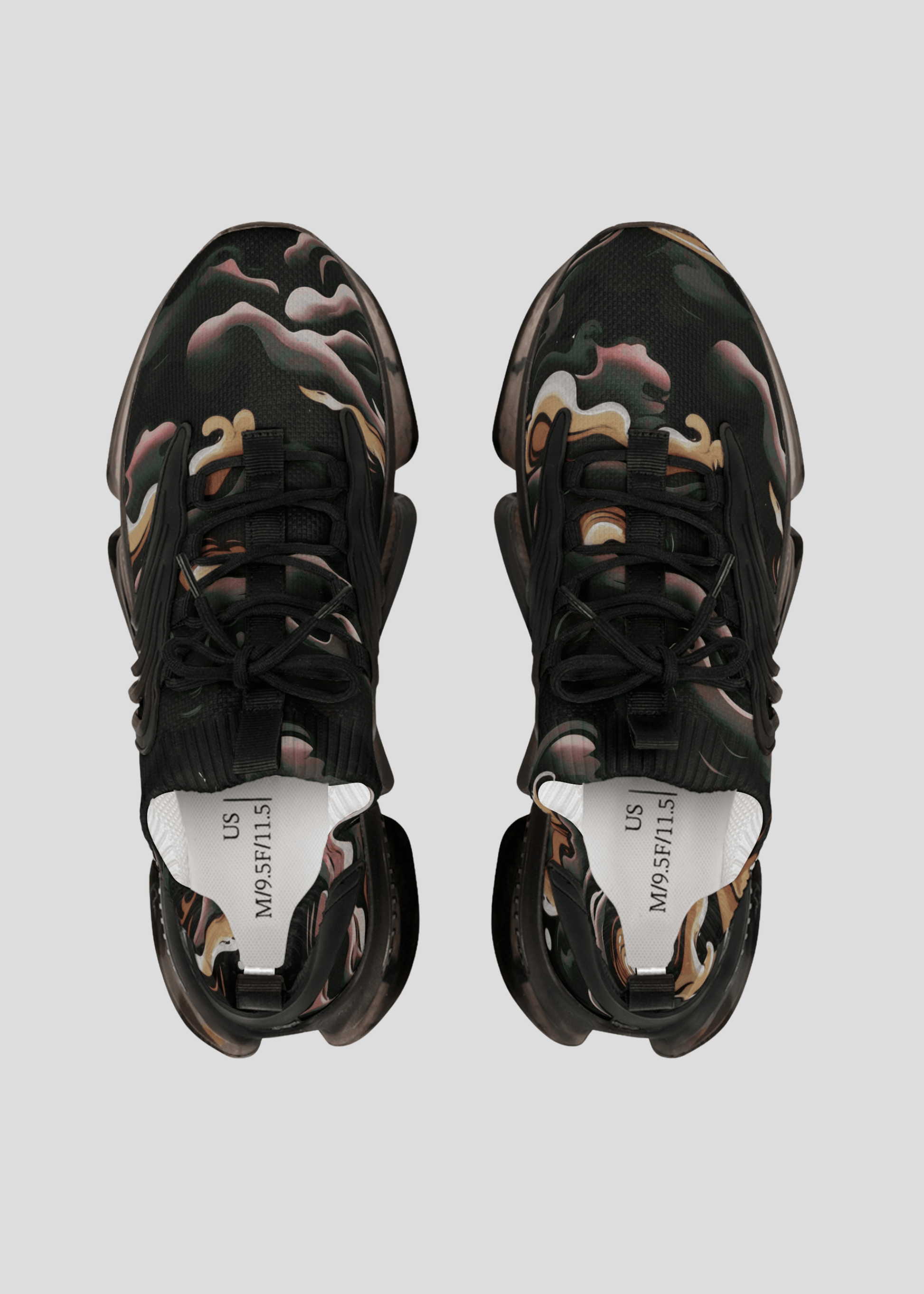 Top view of MAXOMclo REMNANT futuristic dark smoke sneakers – breathable mesh design with bold abstract pattern.
