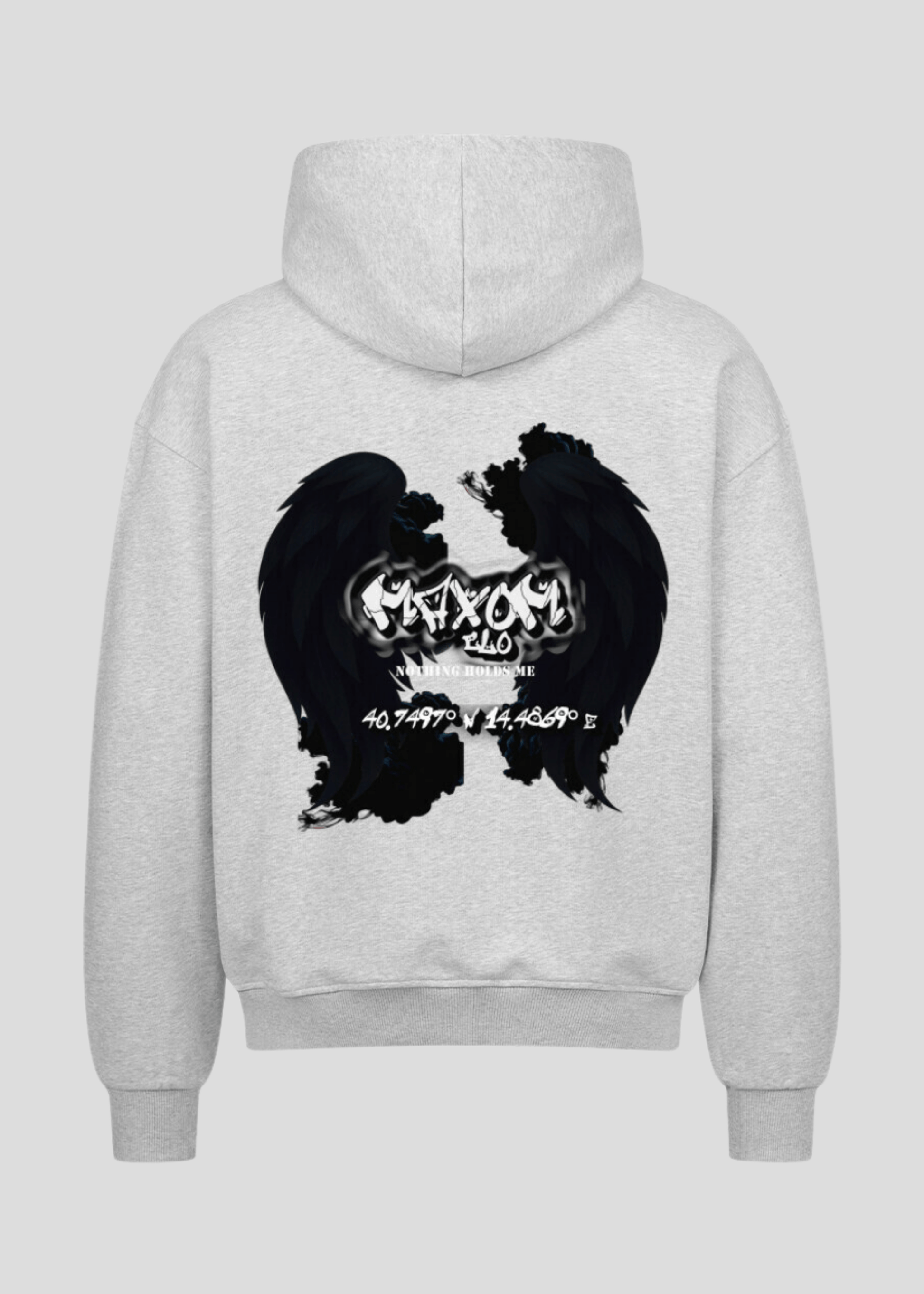 Motivational slogan streetwear hoodie in light grey – gothic angel wings backprint with inspirational coordinates quote.