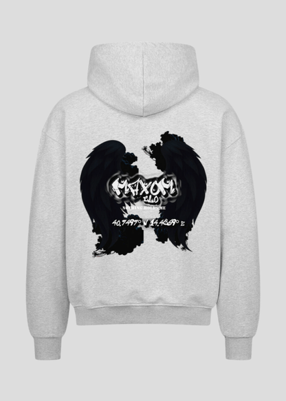 Motivational slogan streetwear hoodie in light grey – gothic angel wings backprint with inspirational coordinates quote.
