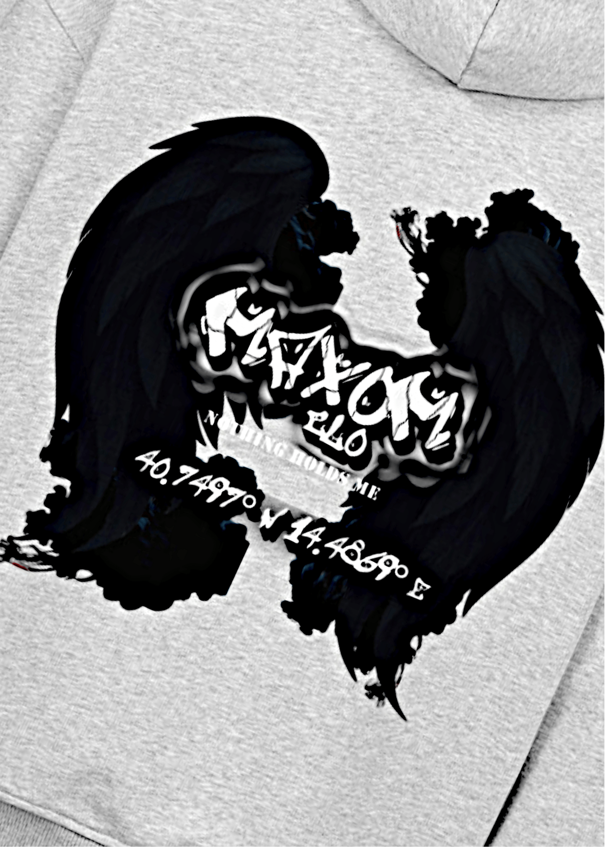 Inspirational angel wings print and coordinates on light grey streetwear hoodie – bold “Nothing Holds Me” design.