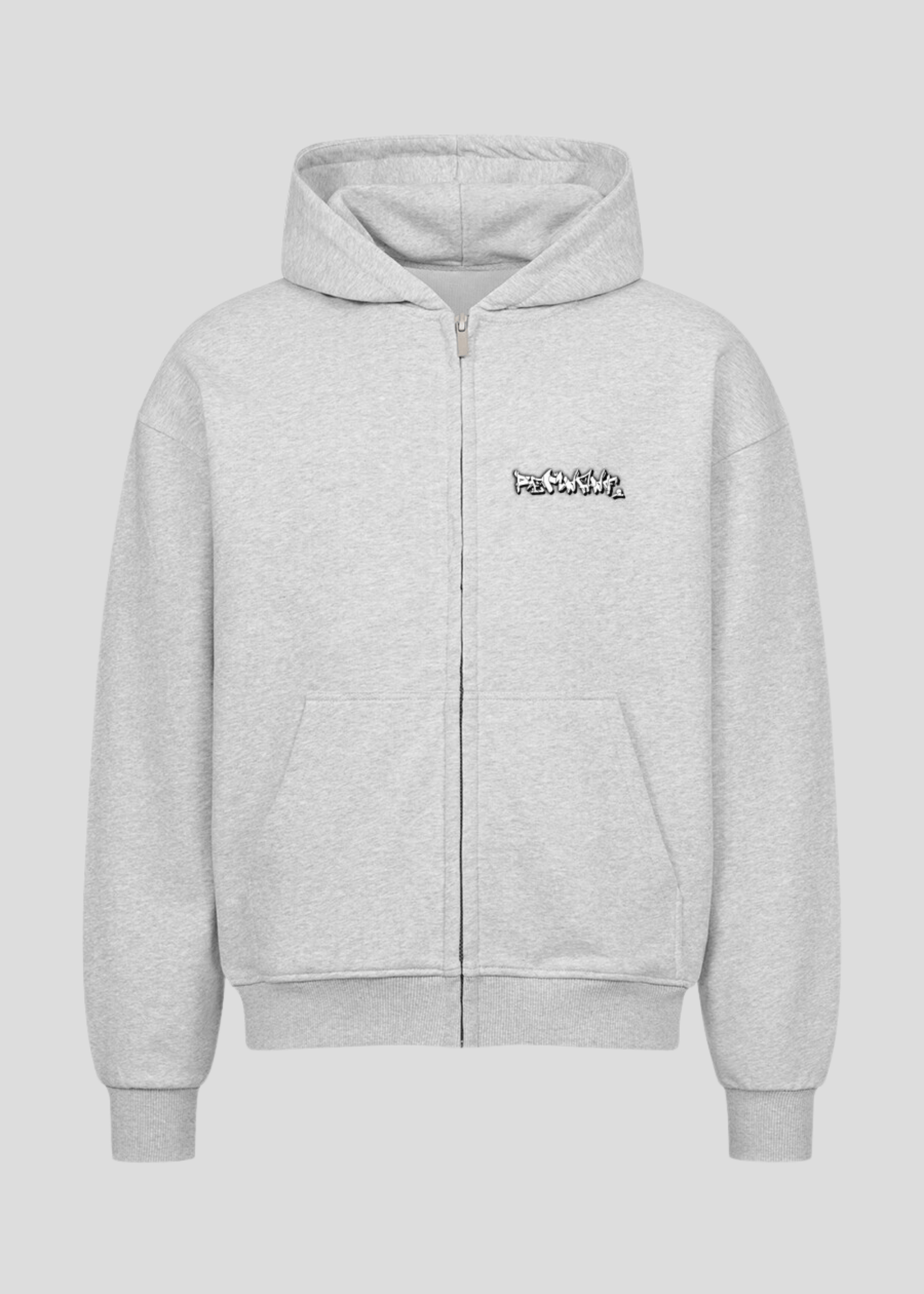 Light grey oversized Turkish cotton streetwear hoodie with minimalist graffiti logo – heavyweight 430 GSM zip up hoodie.
