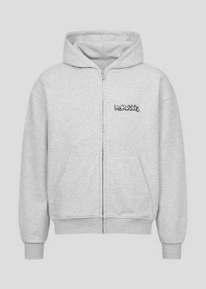 Light grey oversized Turkish cotton streetwear hoodie with minimalist graffiti logo – heavyweight 430 GSM zip up hoodie.