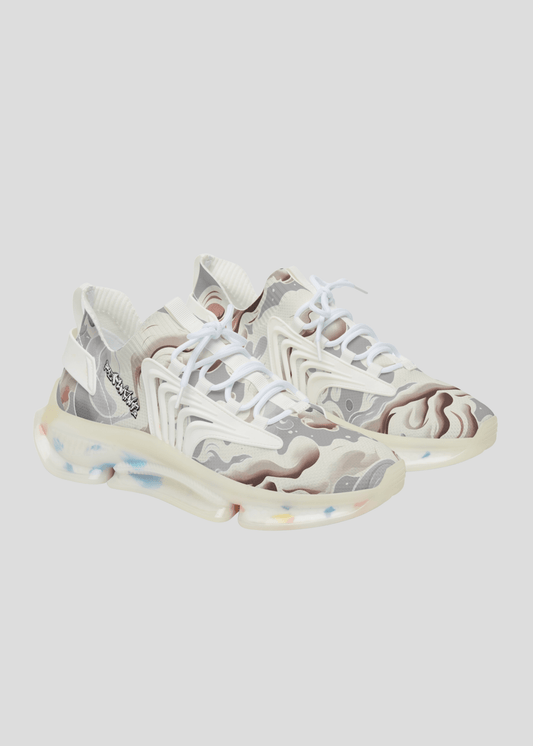 MAXOMclo REMNANT limited edition light smoke pattern sneakers – futuristic multicolor streetwear shoes with abstract design.
