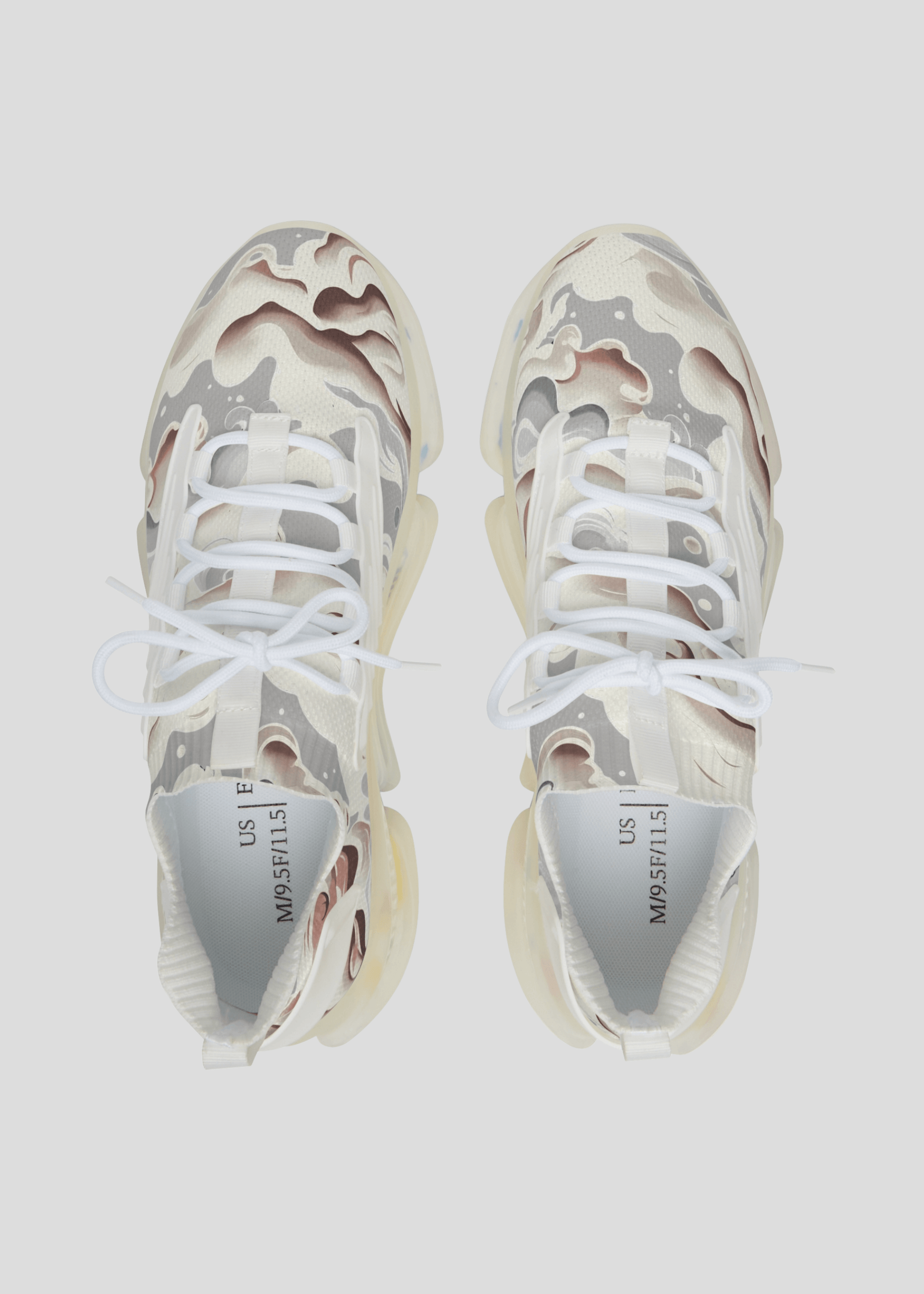 Top view of MAXOMclo REMNANT light smoke sneakers – breathable mesh design with bold abstract pattern.
