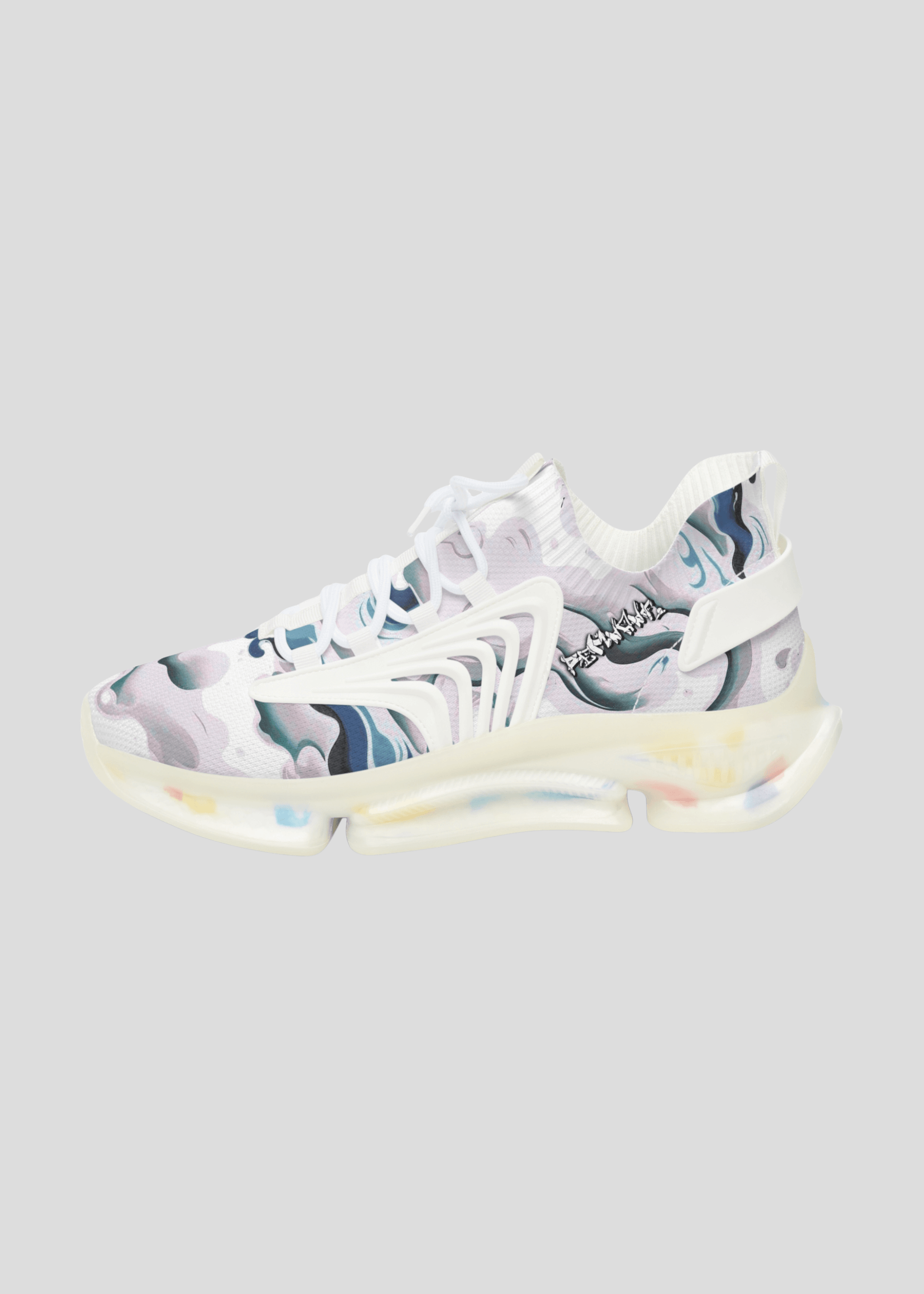 Left side view of MAXOMclo REMNANT abstract smoke pattern sneakers – cushioned streetwear sneaker design.
