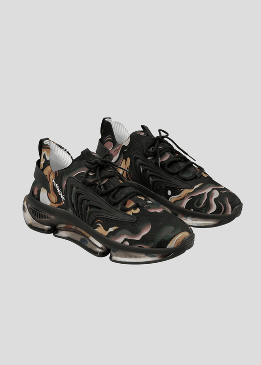 MAXOMclo REMNANT dark smoke women’s streetwear sneakers – edgy black sneakers with brown and beige abstract smoke print, lightweight EVA sole and memory foam comfort.

