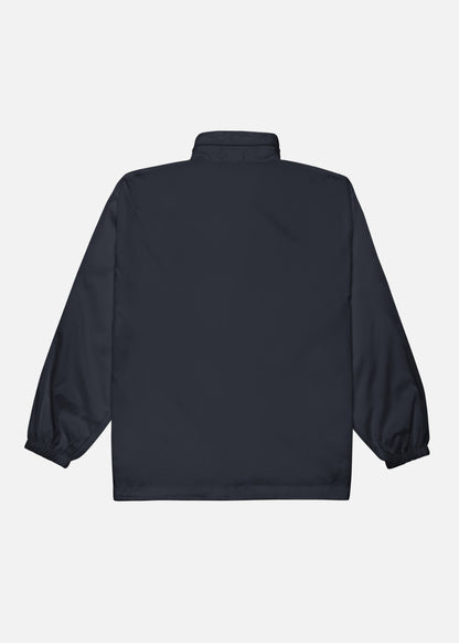 Navy eco-friendly windbreaker jacket back view – minimalist outerwear for all-weather wear